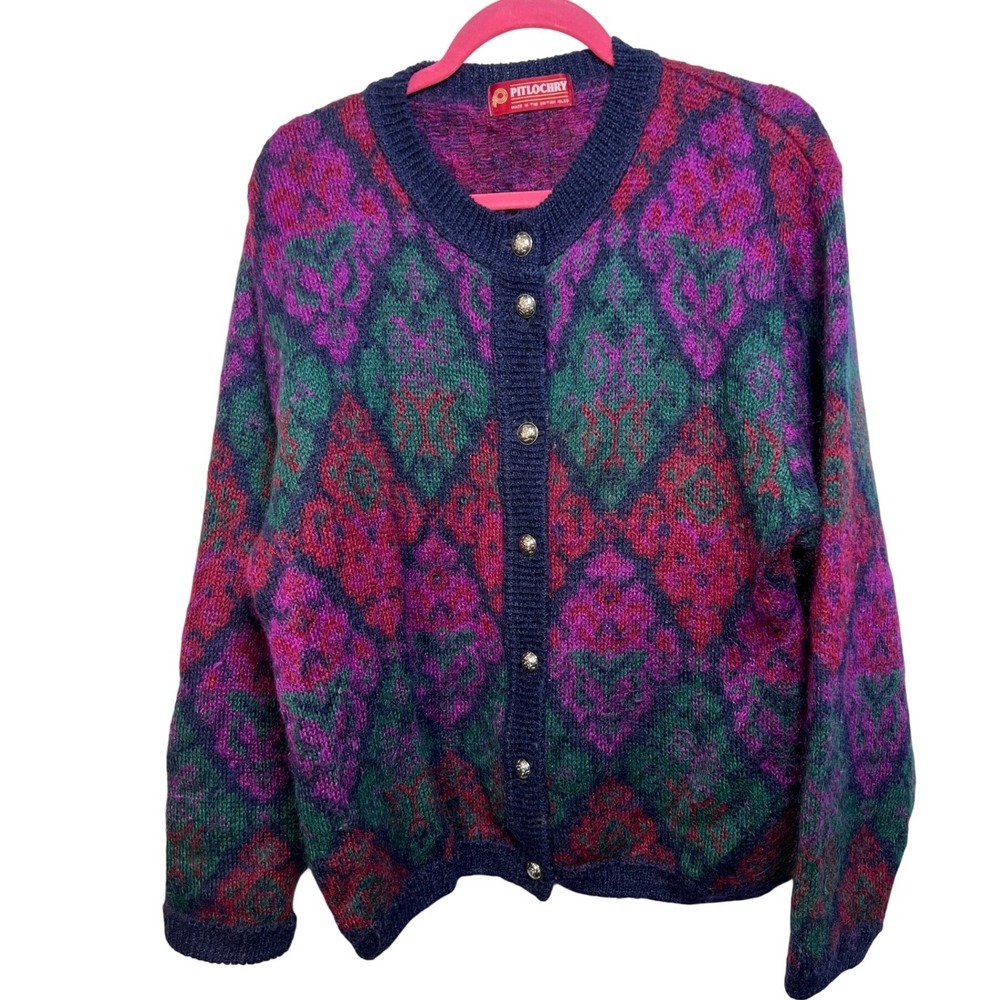 Pitlochry Vintage Mohair Blend Cardigan Sweater Purple Green Geometric‎ Large